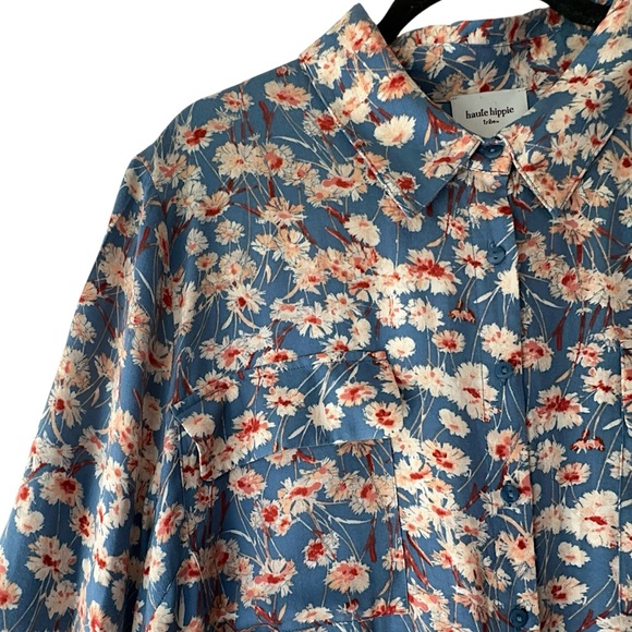 HAUTE HIPPIE | FLORAL MAXI SHIRTDRESS LONG SLEEVE BUTTON FRONT BLUE & WHITE | XL - Picture 4 of 11